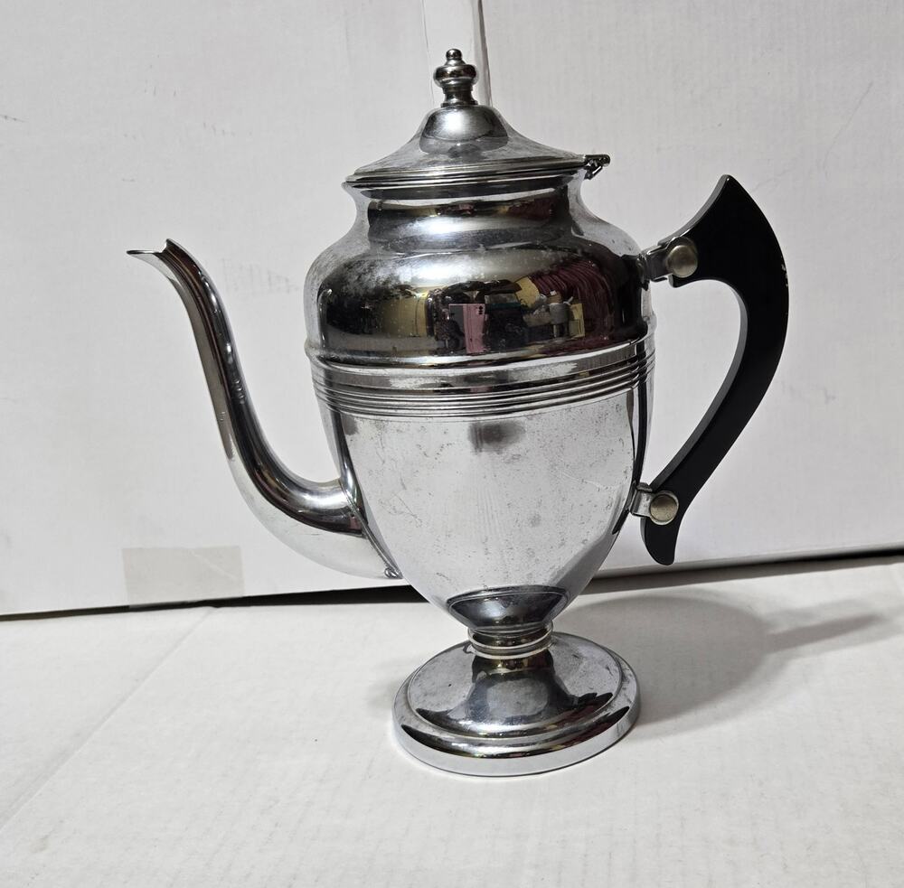 Vintage Chrome Metal Teapot Coffee Pot Art Deco Style Black Handle Unbranded